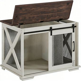 Dog Crate Furniture with Sliding Barn Door, Flip-Top End Table, Wheels & Removable Divider