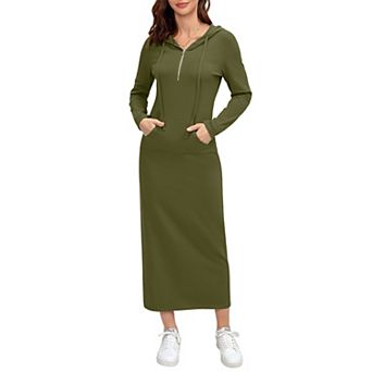 Women Casual Pocket Quarter-Zip Neck 3/4 Sleeve Slim Split Pullover Hoodie Maxi Dress