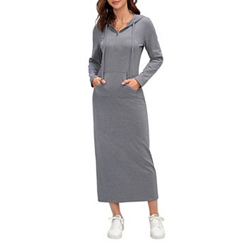 Women Casual Pocket Quarter-Zip Neck 3/4 Sleeve Slim Split Pullover Hoodie Maxi Dress