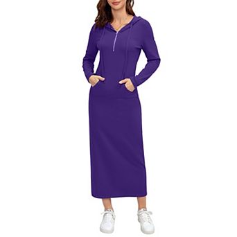 Women Casual Pocket Quarter-Zip Neck 3/4 Sleeve Slim Split Pullover Hoodie Maxi Dress