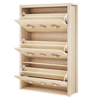 Slim Shoe Cabinet with 3 Flip Drawers Hidden Shoe Storage with Floral Cutout Design