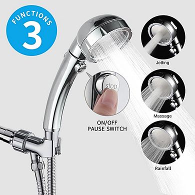 Great Ambitions Handheld Shower Head w/ ON/OFF Switch, 3 Spray Modes, Hose & Bracket