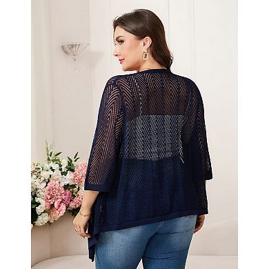 Plus Size Cardigan for Women 3/4 Sleeve Hollow Out Knit Cover Up