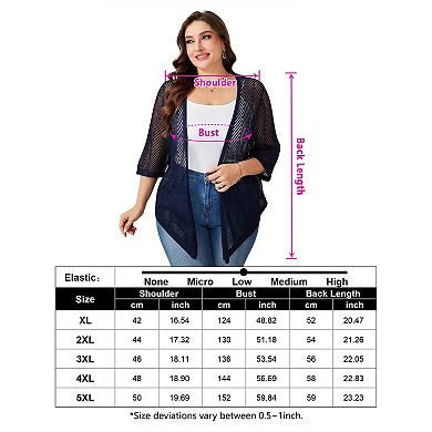 Plus Size Cardigan for Women 3/4 Sleeve Hollow Out Knit Cover Up