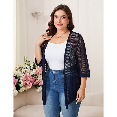 Plus Size Cardigan for Women 3/4 Sleeve Hollow Out Knit Cover Up