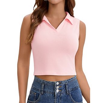 Women's Cropped Tank Tops Sleeveless Golf Polo Shirts Collared V Neck Slim Fit Athletic Workout Tops