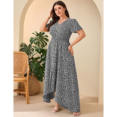Women's Plus Size V-Neck Flutter Short Sleeve Midi Dress
