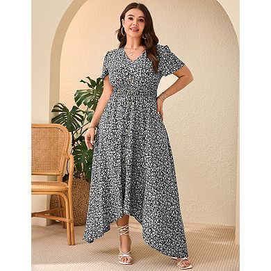 Women's Plus Size V-Neck Flutter Short Sleeve Midi Dress