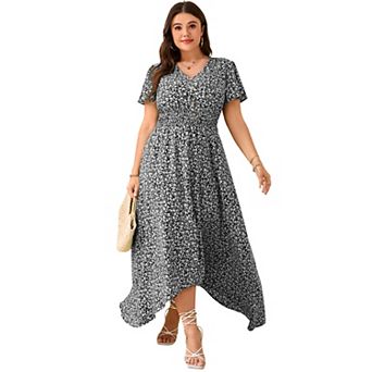 Women's Plus Size V-Neck Flutter Short Sleeve Midi Dress