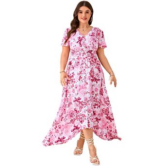 Women's Plus Size V-Neck Flutter Short Sleeve Midi Dress