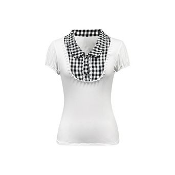 Women's Casual Plaid Collared Dressy Blouse Top Short Sleeve Slim Fit Work Office Shirts