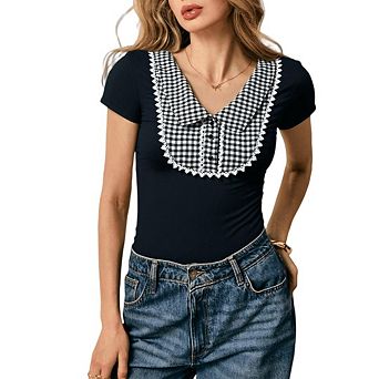 Women's Casual Plaid Collared Dressy Blouse Top Short Sleeve Slim Fit Work Office Shirts