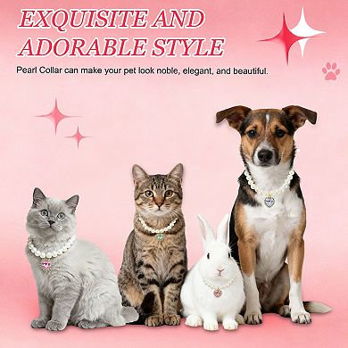 2Pcs Cats Dogs Pearl Collar Small Heart Shape Rhinestone Necklace