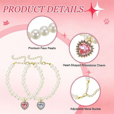 2Pcs Cats Dogs Pearl Collar Small Heart Shape Rhinestone Necklace