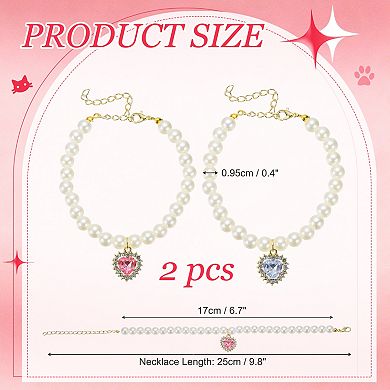 2Pcs Cats Dogs Pearl Collar Small Heart Shape Rhinestone Necklace