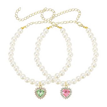 2 pc Cats Dogs Pearl Collar Small Heart Shape Rhinestone Necklace