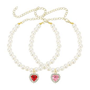 2 pc Cats Dogs Pearl Collar Small Heart Shape Rhinestone Necklace