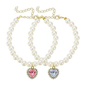2 pc Cats Dogs Pearl Collar Small Heart Shape Rhinestone Necklace