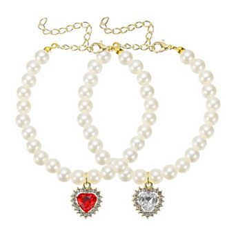 2 pc Cats Dogs Pearl Collar Small Heart Shape Rhinestone Necklace