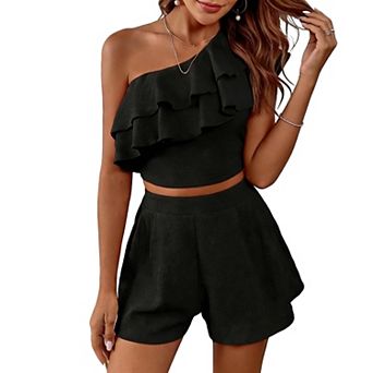 One Shoulder Ruffle Two Piece Set with Crop Top & High Waisted Shorts