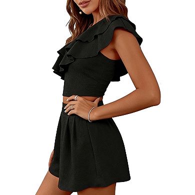 One Shoulder Ruffle Two Piece Set with Crop Top & High Waisted Shorts