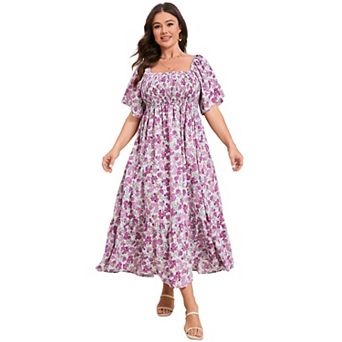 Plus Size Square Neck Floral Maxi Dress for Women Flare Sleeve Ruffle Hem Boho Dress
