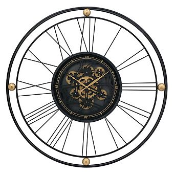 DOMETOURE 31.5 in Black & Gold Industrial Moving Gear Wall Clock with Roman Numerals
