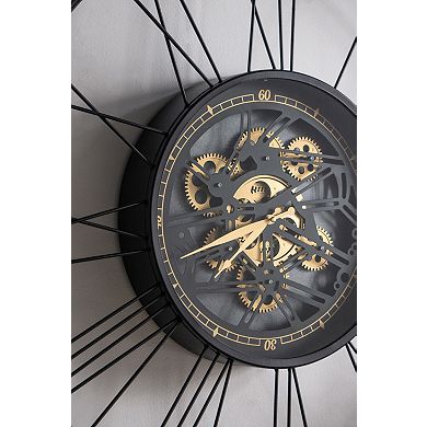 DOMETOURE 31.5-in. Black & Gold Industrial Moving Gear Wall Clock with Roman Numerals