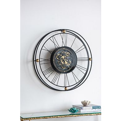 DOMETOURE 31.5-in. Black & Gold Industrial Moving Gear Wall Clock with Roman Numerals