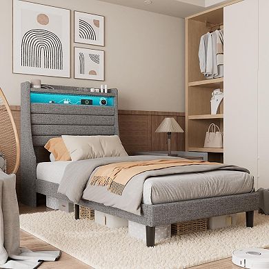Bed Frame with Upholstered Headboard,Platform Bed with Charging Station and Storage Headboard