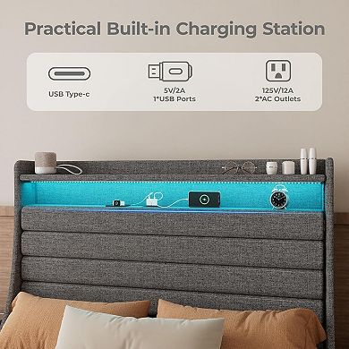 Bed Frame with Upholstered Headboard,Platform Bed with Charging Station and Storage Headboard