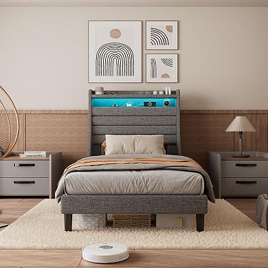 Bed Frame with Upholstered Headboard,Platform Bed with Charging Station and Storage Headboard