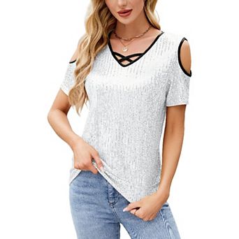 Women Sequin Cold Shoulder Top with Crisscross V-Neck & Contrast Trim for Party Wear