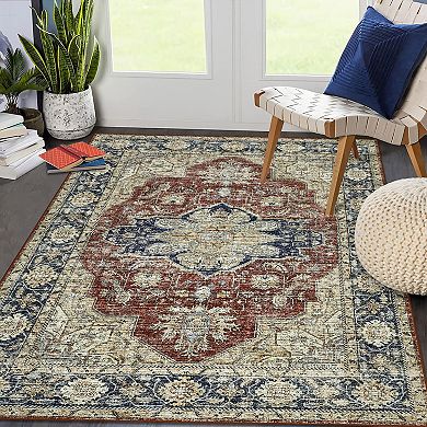Vintage Area Rug Non Slip Foldable Low Pile Ultra Thin Pet Friendly Floor Cover for Bedroom