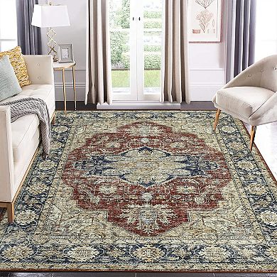 Vintage Area Rug Non Slip Foldable Low Pile Ultra Thin Pet Friendly Floor Cover for Bedroom