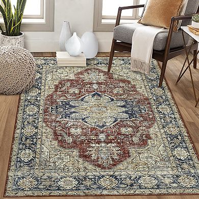 Vintage Area Rug Non Slip Foldable Low Pile Ultra Thin Pet Friendly Floor Cover for Bedroom