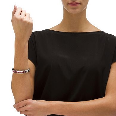 Round Simulated Birthstone Bangle Bracelet in Silvertone