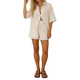 Women's Striped Clothing Set with Wide Sleeve Button Up Shirt and Drawstring Waist Shorts Set