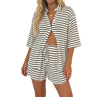 Women's Striped Clothing Set with Wide Sleeve Button Up Shirt and Drawstring Waist Shorts Set