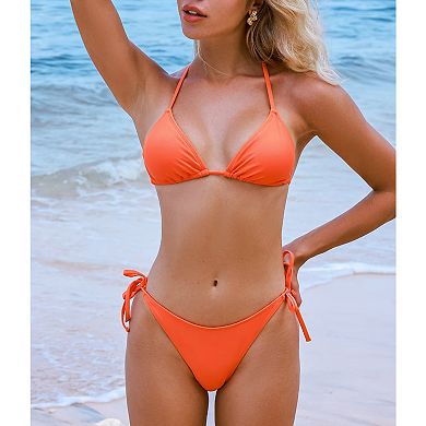 Women's Two Piece Bikini Set Halter Triangle Top Side Tie Bottom Solid Swimwear