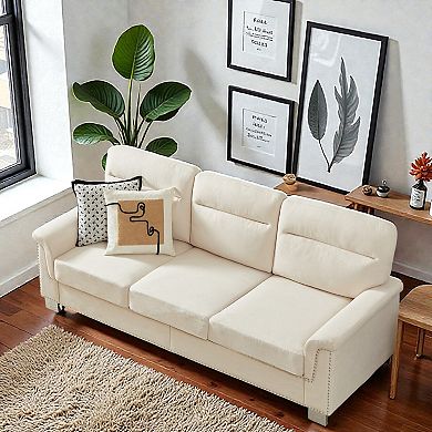 Lufeiya 3 Seater Sofa with Curved Armrests and Nailhead Trim, Upholstered Snow Fleece Couch