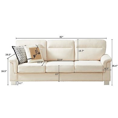 Lufeiya 3 Seater Sofa with Curved Armrests and Nailhead Trim, Upholstered Snow Fleece Couch