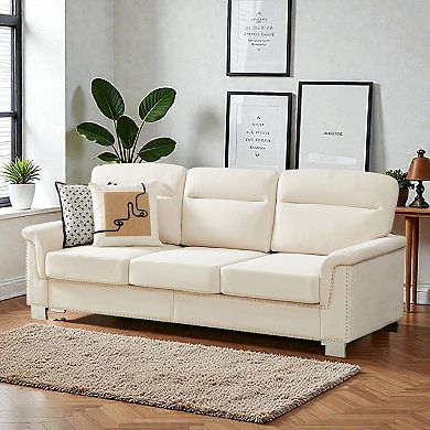 Lufeiya 3 Seater Sofa with Curved Armrests and Nailhead Trim, Upholstered Snow Fleece Couch