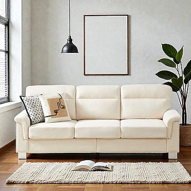 Lufeiya 3 Seater Sofa with Curved Armrests and Nailhead Trim, Upholstered Snow Fleece Couch
