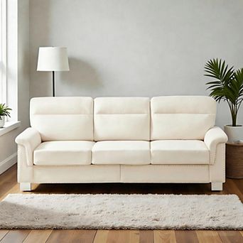Lufeiya 3 Seater Sofa with Curved Armrests and Nailhead Trim, Upholstered Snow Fleece Couch