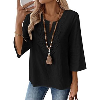 Women's Lace Trim V Neck Blouse, 3/4 Sleeve Linen Blend Casual Tunic Top