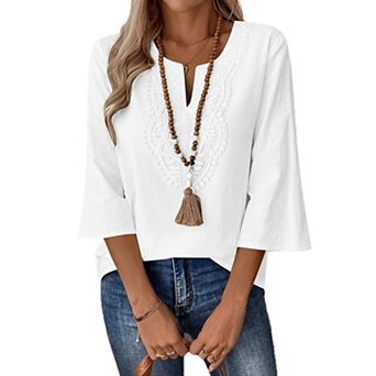 Women's Lace Trim V Neck Blouse, 3/4 Sleeve Linen Blend Casual Tunic Top