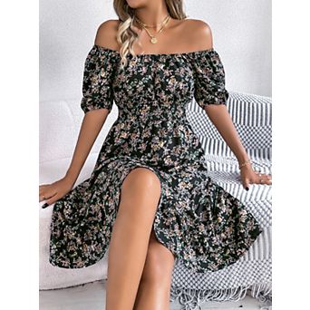 Women's Tea Party Floral Dress Puff Sleeve A Line Flowy Boho Milkmaid Casual Knee Length Dress