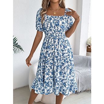 Women's Tea Party Floral Dress Puff Sleeve A Line Flowy Boho Milkmaid Casual Knee Length Dress