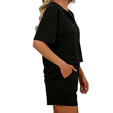 Henley Neck Short Sleeve Two Piece Set with Pocketed Shorts for Loungewear